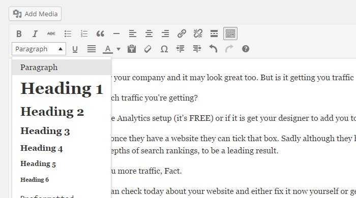 Example of Where to Find Heading Tag Formatting in WYSIWYG Editor